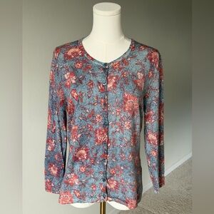 Garnet Hill Merino Wool Floral Blue Knit Retro-Nostalgic Cozy Cardigan Sweater-M